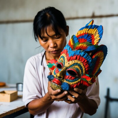 Asian woman holding colorful mask
