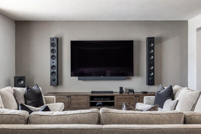 Modern home theater with TV and speakers