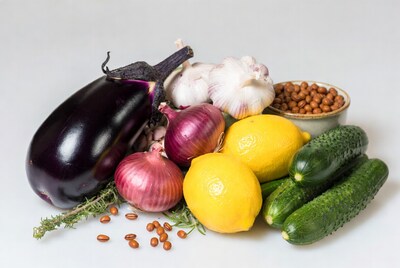 Eggplant, garlic, onions, lemons, cucumbers