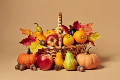 Autumn Fruit Basket with Pumpkins