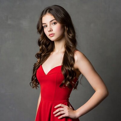Teen girl in red dress posing