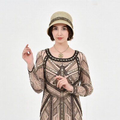 Woman in 1920s beaded dress and cloche hat