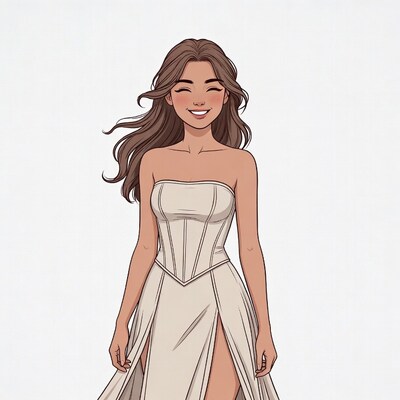 Smiling woman in white strapless gown