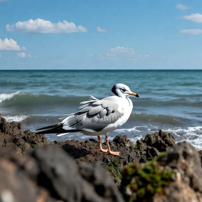 Seagull on rocks by ocean