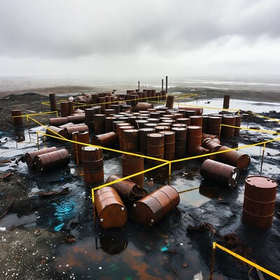 Rusty oil drums in foggy wasteland
