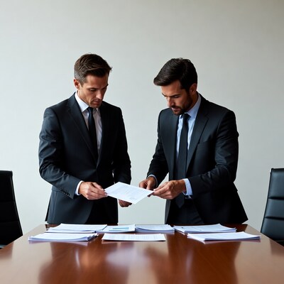 Two businessmen reviewing documents at table