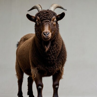 Brown curly-haired goat with horns