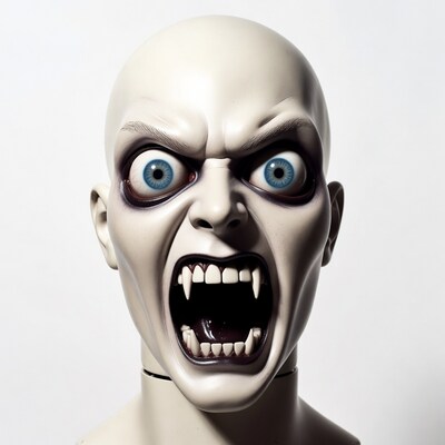 Bald vampire mannequin roaring fangs