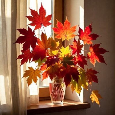 Autumn maple leaves in glass vase