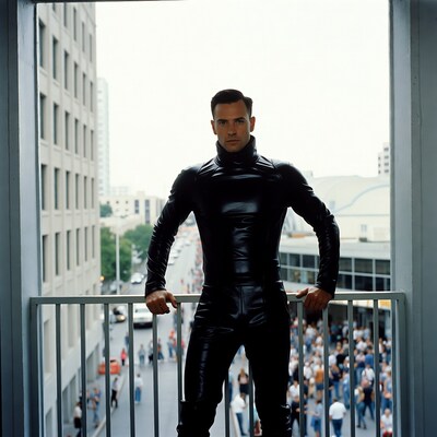 Man in black leather suit on balcony