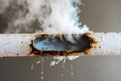 Leaking white pipe with steam and water
