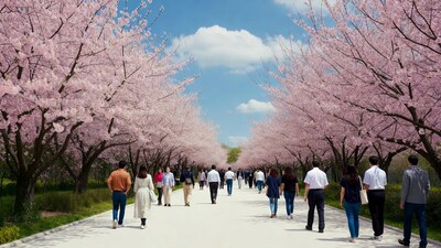 People walking cherry blossom tunnel