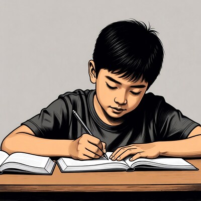 Asian boy writing at desk