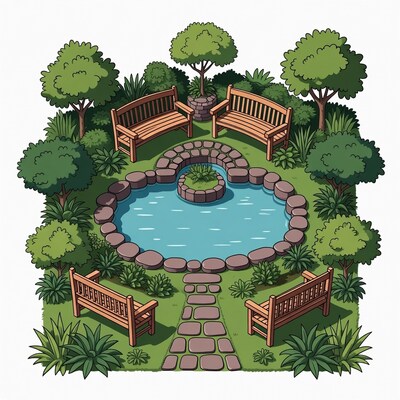 Top-down garden with pond and benches