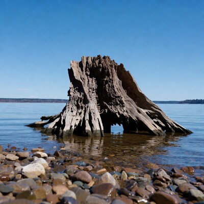 Tree stump in lake water