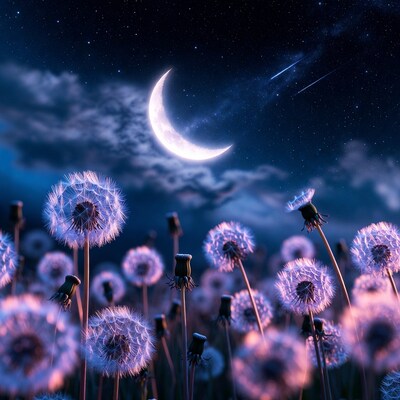 Dandelions under crescent moon and stars