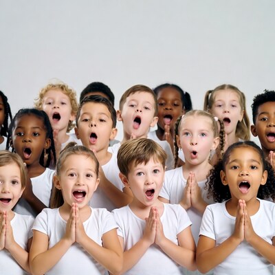 Diverse children praying with hands together