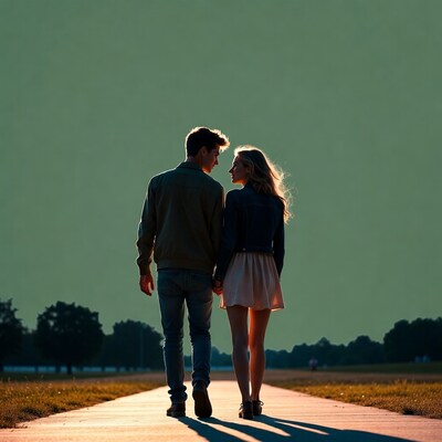 Young couple holding hands walking path