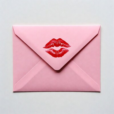 Pink envelope with red lipstick kiss