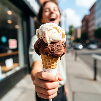 Girl holding vanilla chocolate ice cream cone