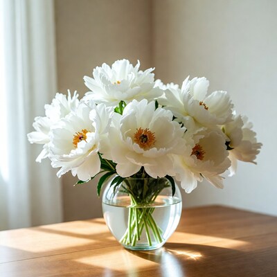 White peonies in glass vase