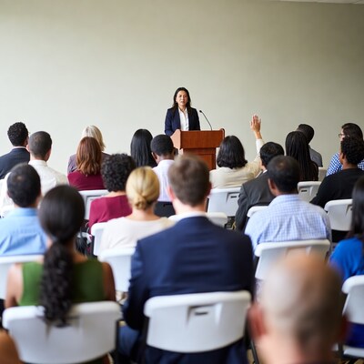 Asian woman speaking at podium