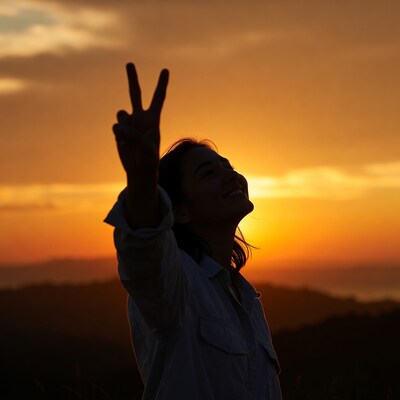 Asian woman making peace sign at sunset