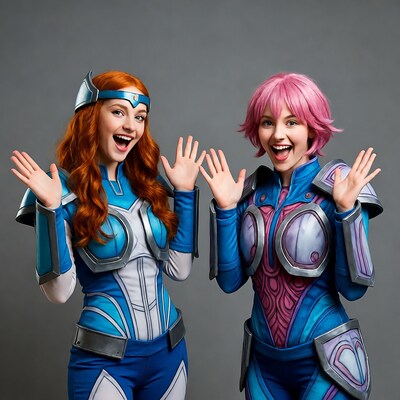 Two women in blue cosplay armor cheering