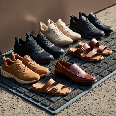 Assorted sneakers and sandals on mat