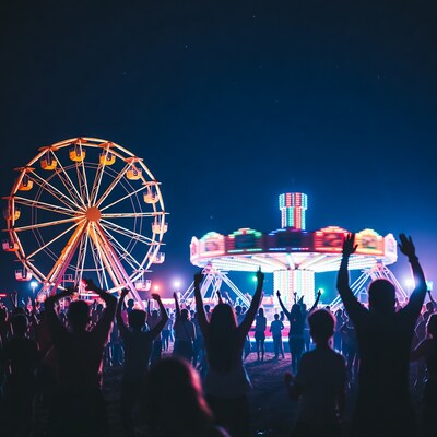 Crowd cheering at Ferris wheel and carousel