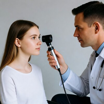 Doctor examining girl's eye with ophthalmoscope