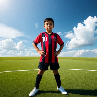 Young boy in red soccer jersey on field
