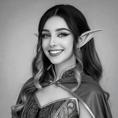 Smiling elf woman in black and white