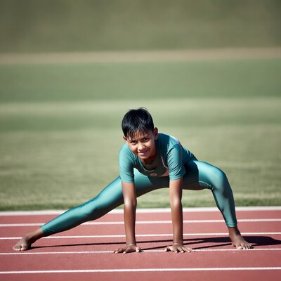 Asian boy stretching on track