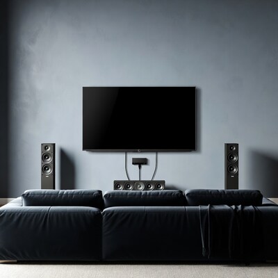 Modern TV with speakers and sofa