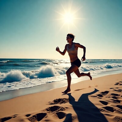 Woman running on sunny beach
