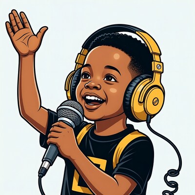 Black boy singing with headphones and mic