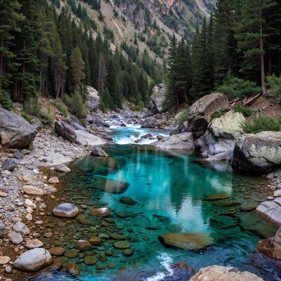 Turquoise river in mountain forest