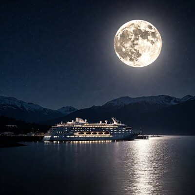 Cruise Ship Docked Under Full Moon