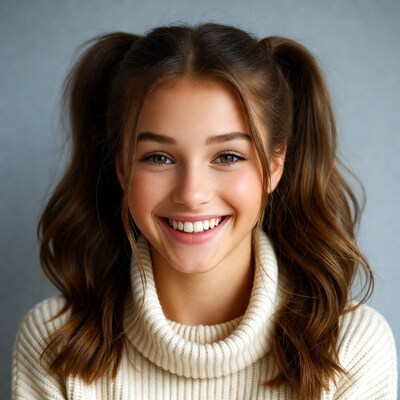 Girl smiling with pigtails and turtleneck