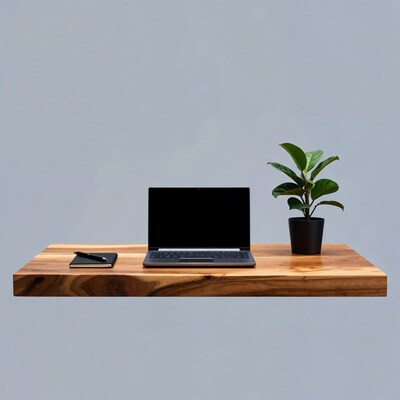 Laptop on Wooden Desk with Plant