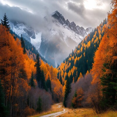 Autumn Larch Forest Snowy Mountain Valley