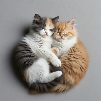 Two fluffy kittens cuddling asleep