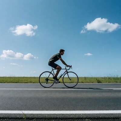 Man cycling on road by grass field