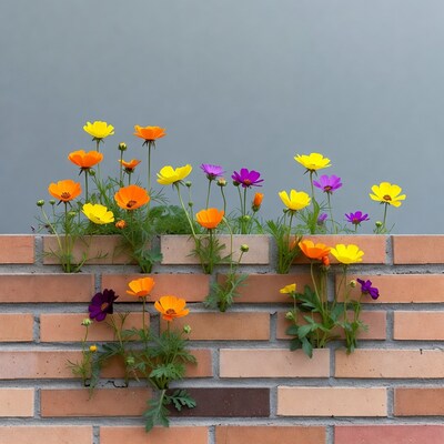 Colorful Cosmos Flowers Growing from Brick Wall