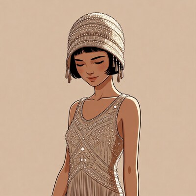 Asian woman in beaded flapper dress