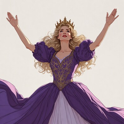 Blonde princess raising arms in gown