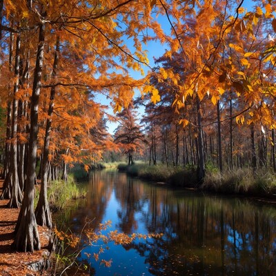 Autumn Bald Cypress Trees by River