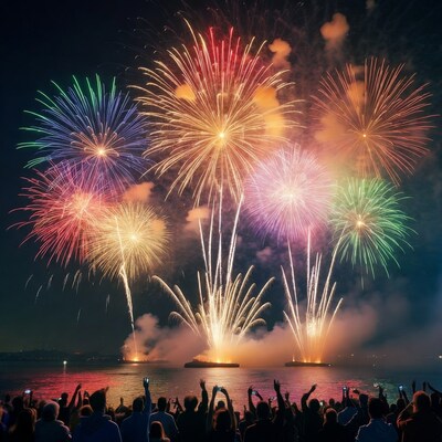 Crowd watching colorful fireworks over water