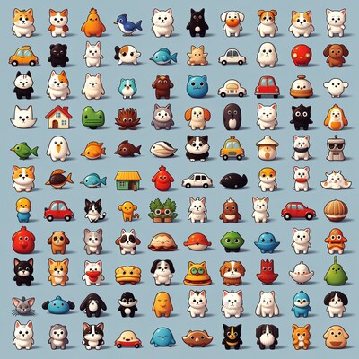 Cute Chibi Animals and Objects Grid